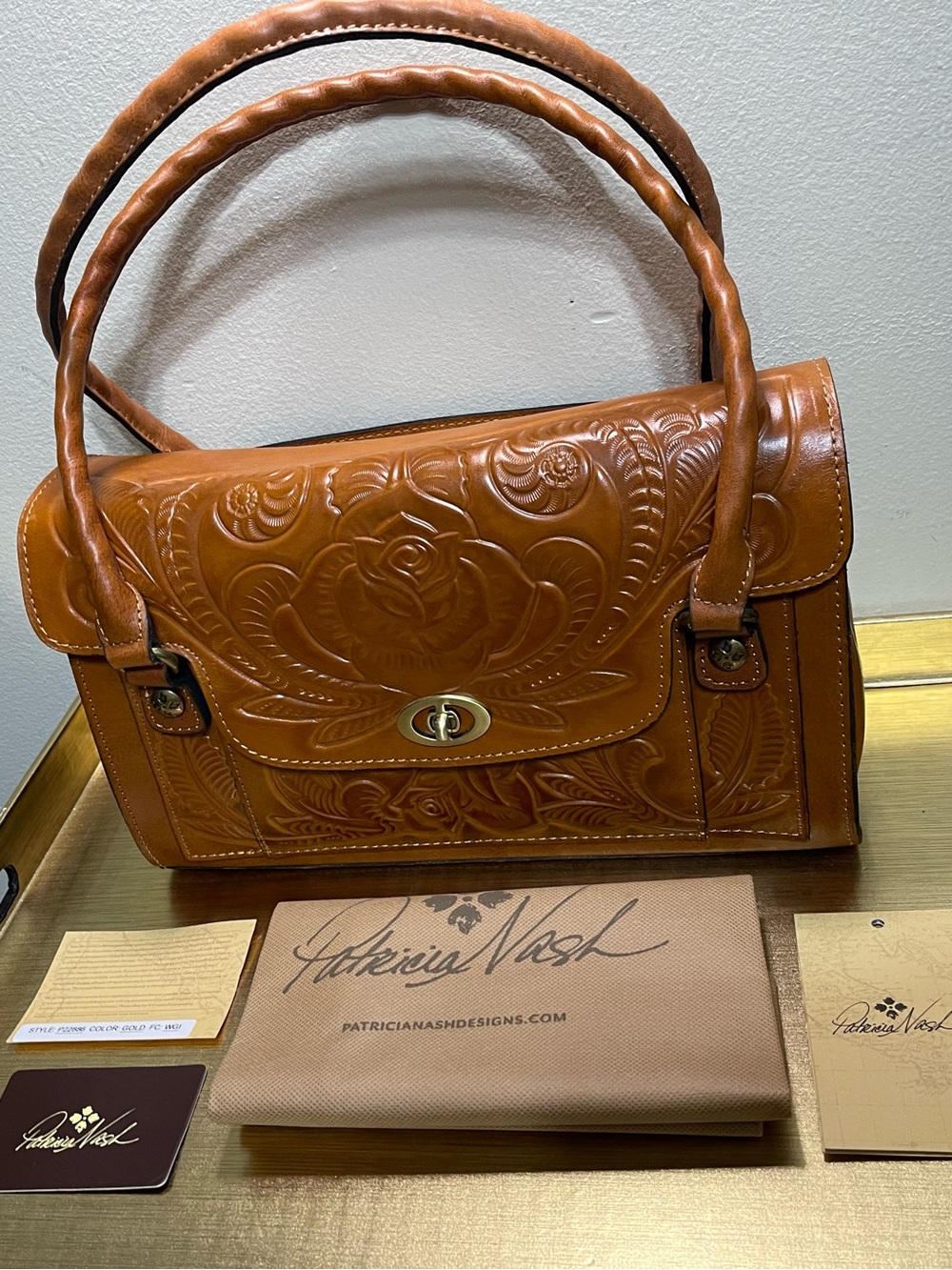 Patricia Nash Cognac Tooled Leather Satchel with Turn-Lock